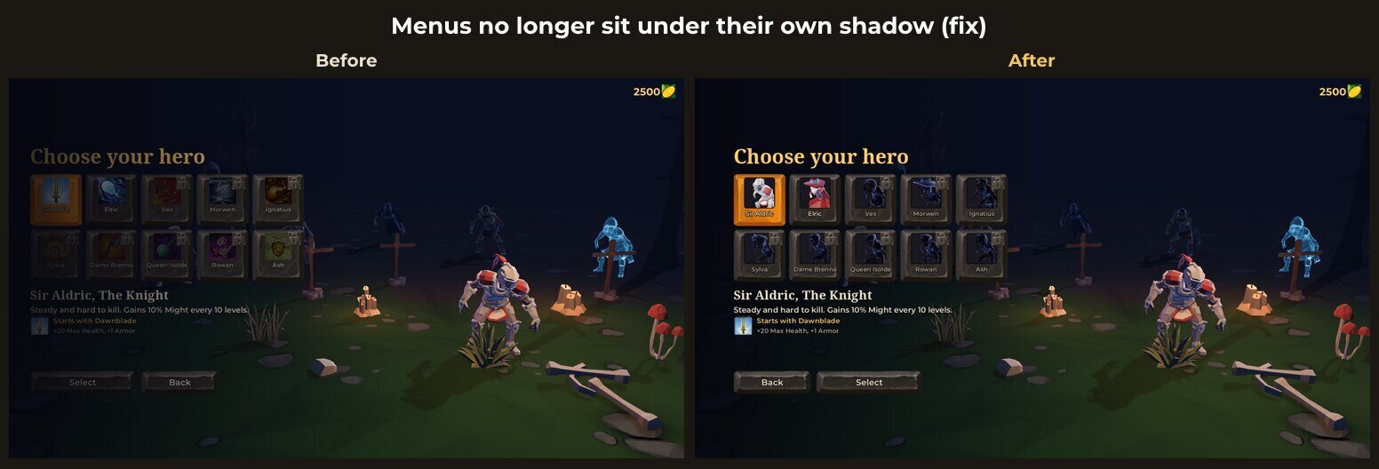 Hero select before and after the fix: the same screen, dull and then bright