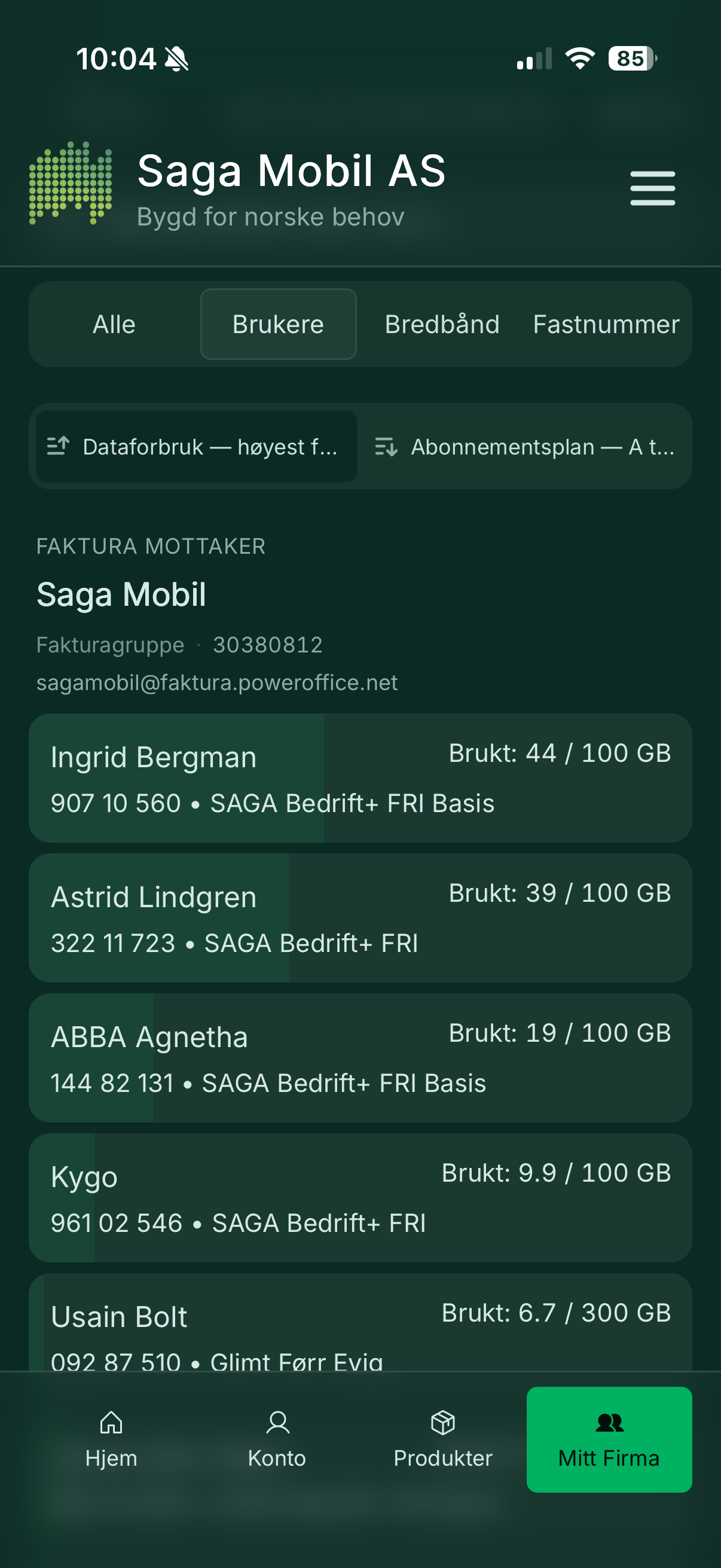 Account subscriptions list with usage bars