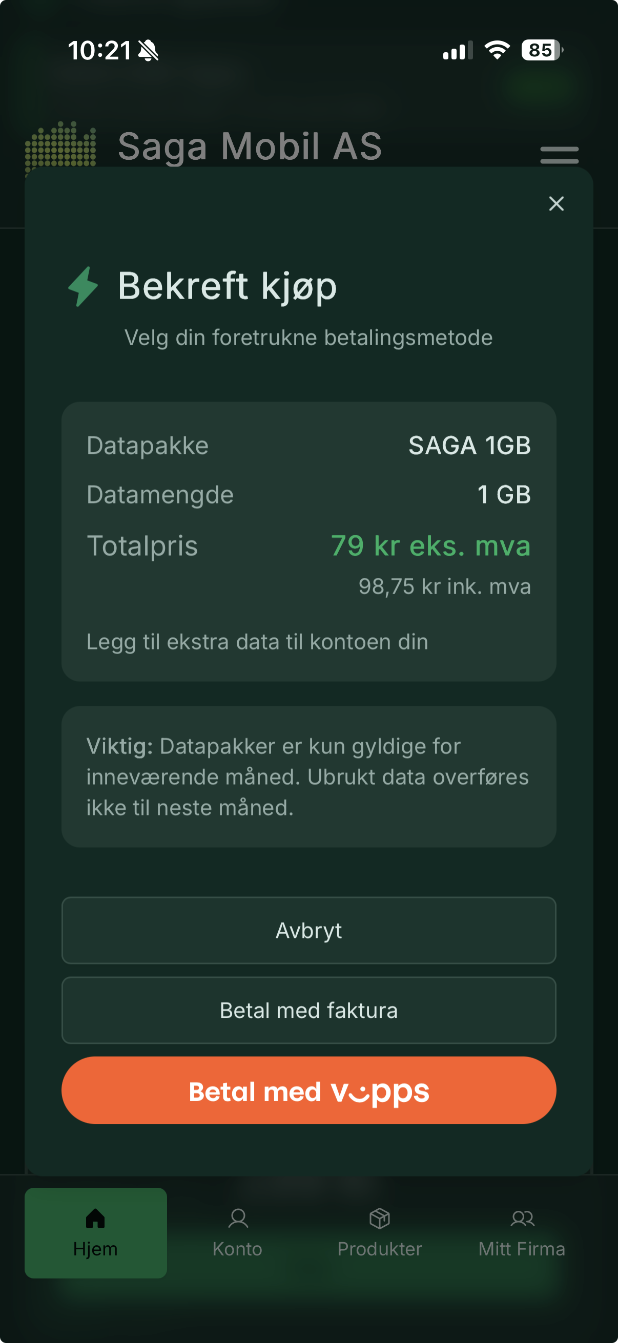 Datapack purchase flow with Vipps payment