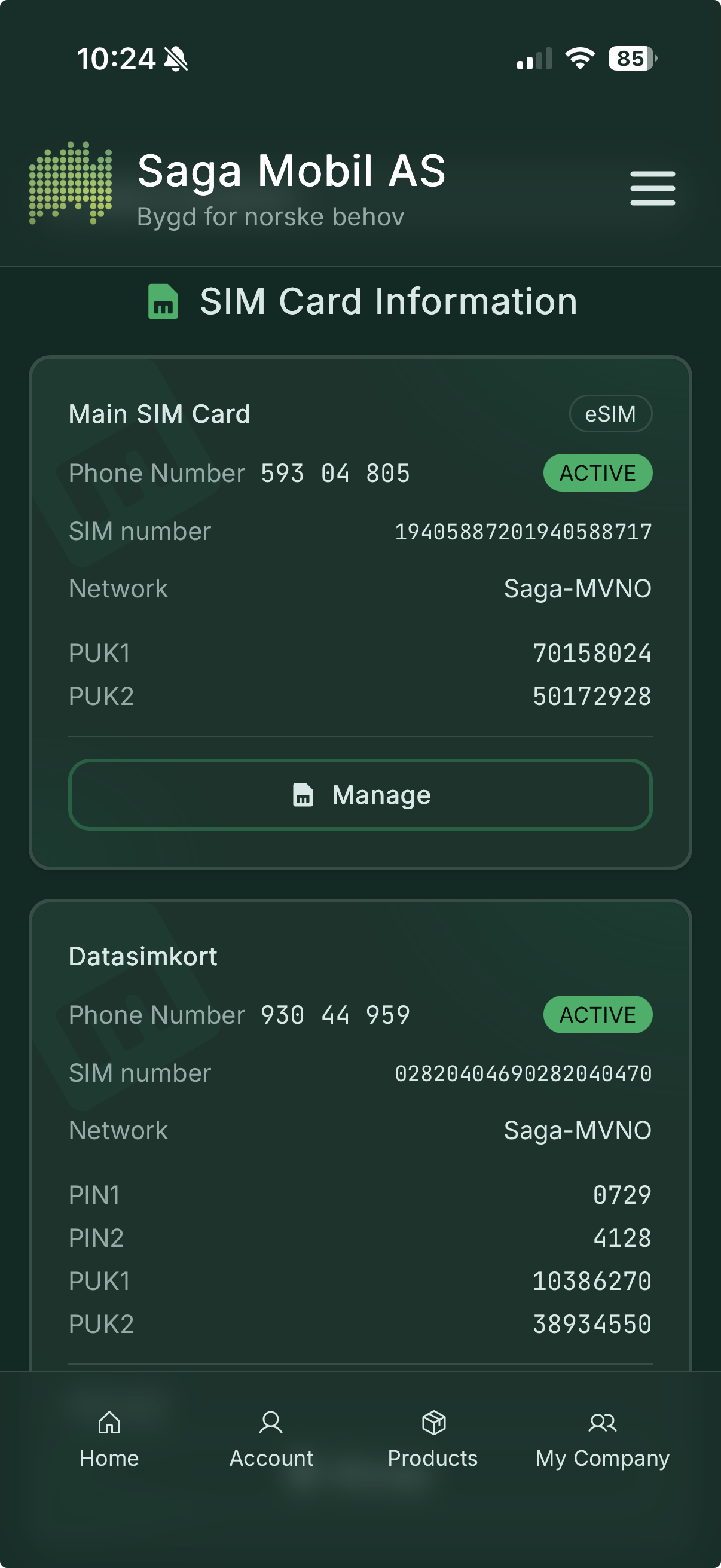 SIM cards screen with eSIM and physical card options