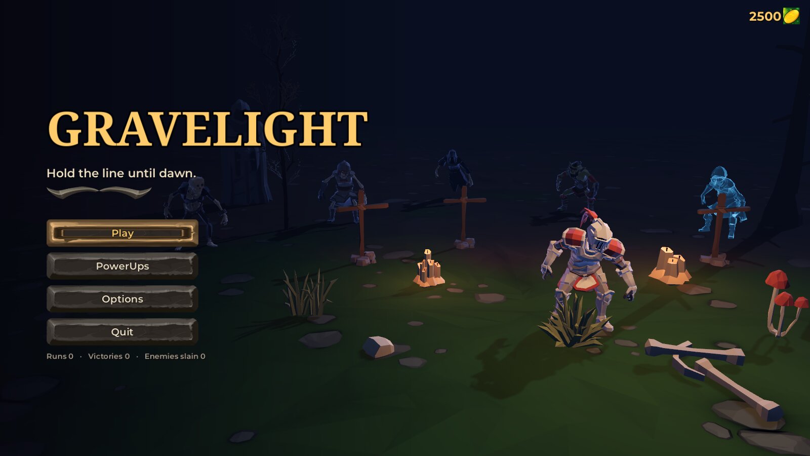The Gravelight title screen with a knight in a moonlit graveyard