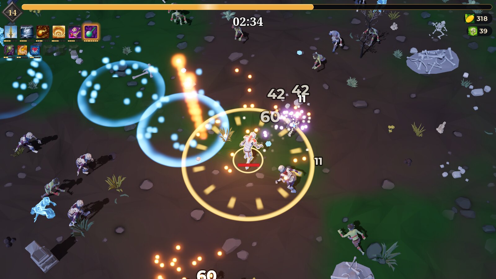 A run: the hero in a ring of gold light with Holy Water and fireballs around