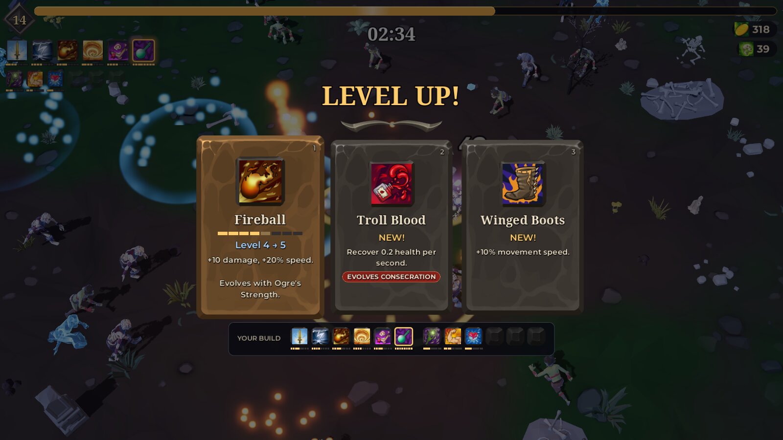 A level-up screen with three upgrade cards and your build below